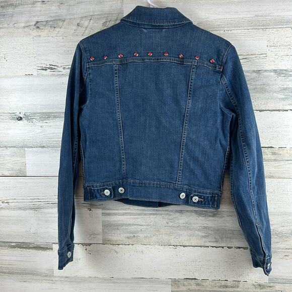 Levis Jacket Women’s Medium Blue Denim Red Studded Cropped Jean Medium Wash - Picture 3 of 7